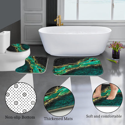 Poedist 4 Pcs Gold Edge Marble Bathroom Shower Curtain Set, Bathroom Sets with Shower Curtain and Rugs(Bath Mat,U Shape and Toilet Lid Cover Mat) and 12 Hooks-Green