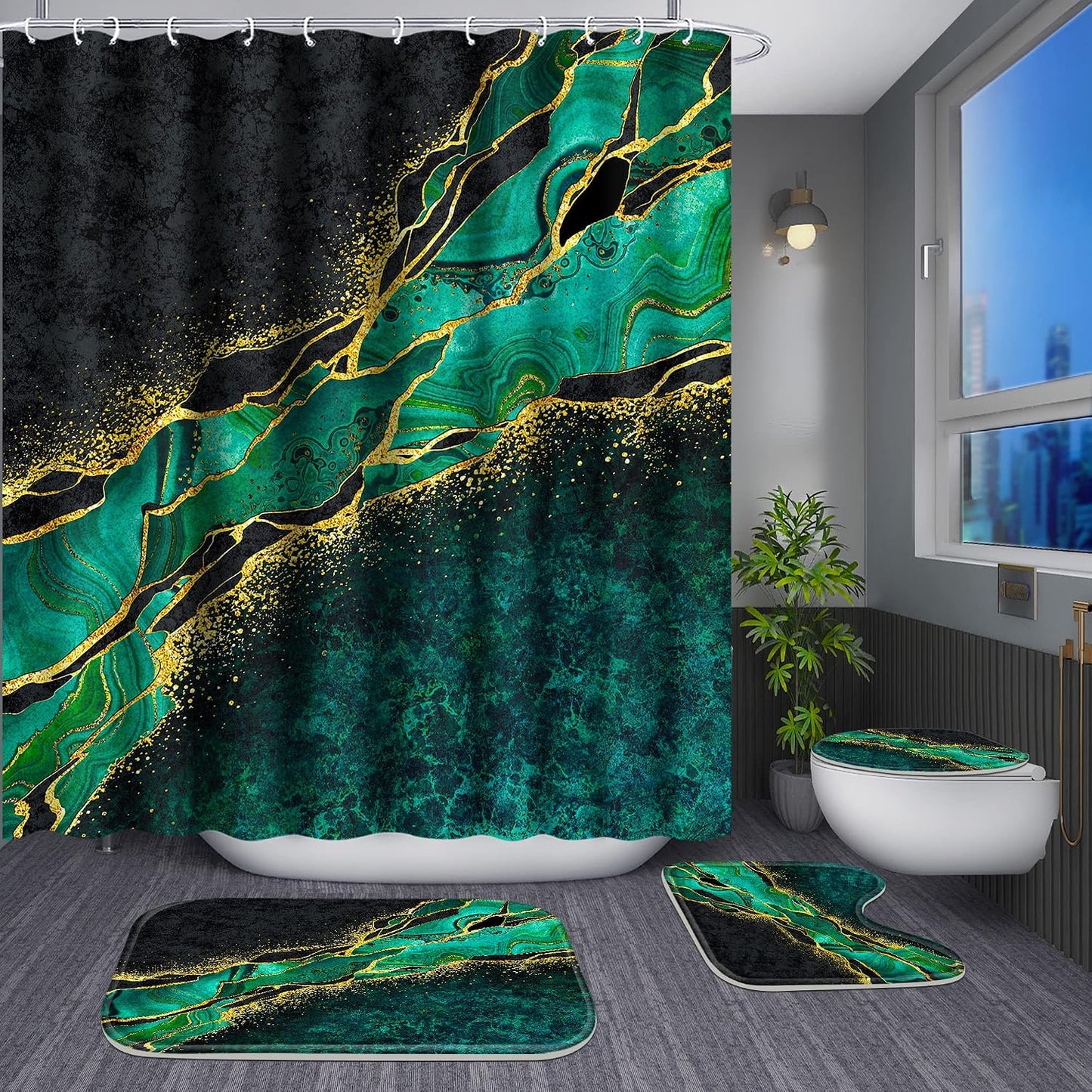 Poedist 4 Pcs Gold Edge Marble Bathroom Shower Curtain Set, Bathroom Sets with Shower Curtain and Rugs(Bath Mat,U Shape and Toilet Lid Cover Mat) and 12 Hooks-Green