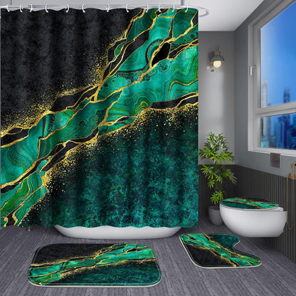 Poedist 4 Pcs Gold Edge Marble Bathroom Shower Curtain Set, Bathroom Sets with Shower Curtain and Rugs(Bath Mat,U Shape and Toilet Lid Cover Mat) and 12 Hooks-Green