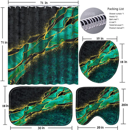 Poedist 4 Pcs Gold Edge Marble Bathroom Shower Curtain Set, Bathroom Sets with Shower Curtain and Rugs(Bath Mat,U Shape and Toilet Lid Cover Mat) and 12 Hooks-Green