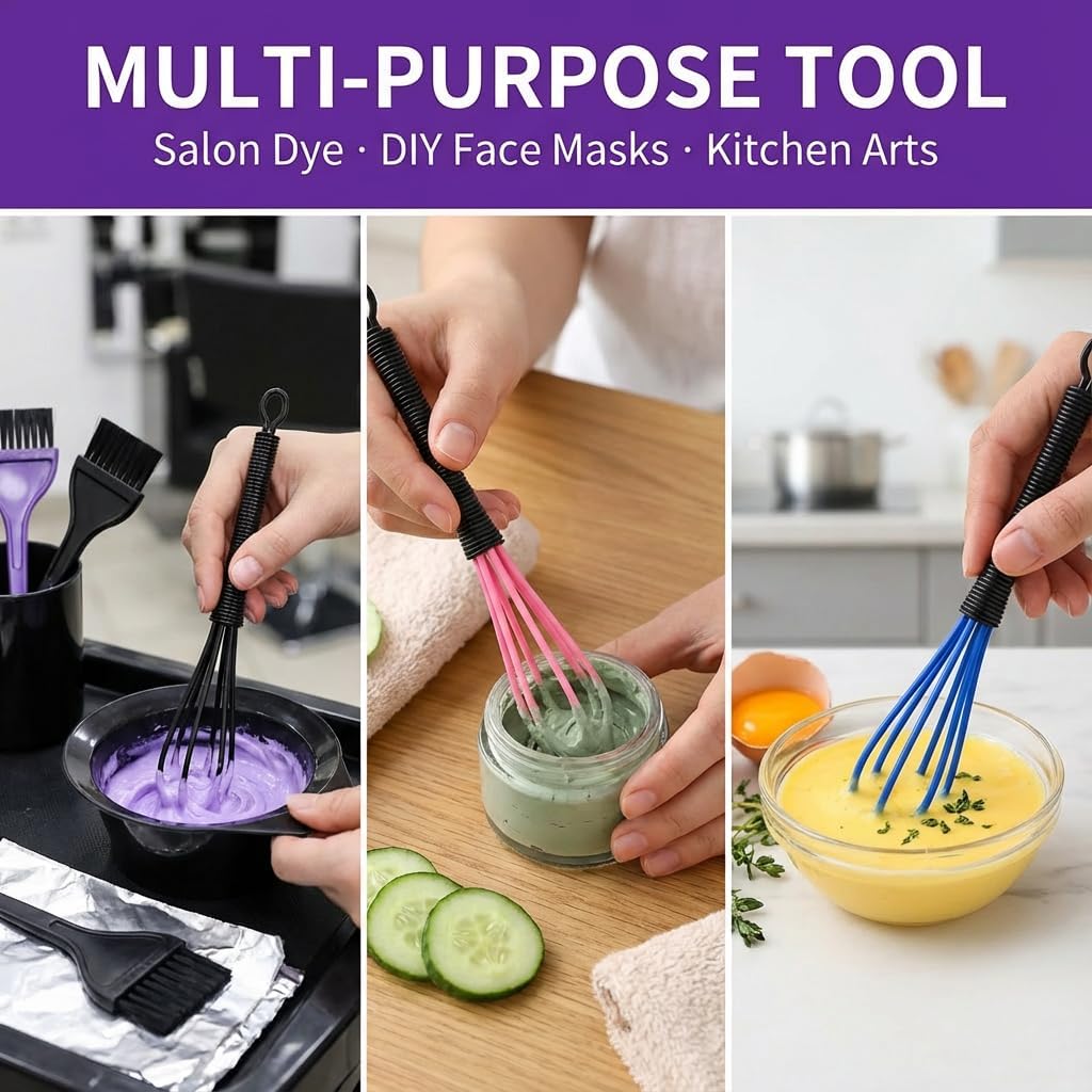 7 Pack Professional Hair Dye Whisk with Non-Slip Handle - Premium Black Mini Plastic Mixer for Salon Color, Bleach, and DIY Face Mask - Chemical Resistant & Stain Free Tool (Yellow)