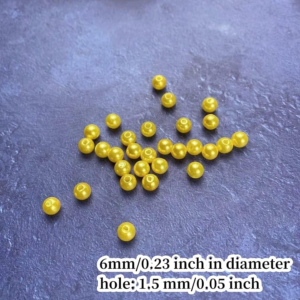 1000 Pcs Pearl Craft Beads - Loose Pearls, 6mm Round Spacer Beads for Earring, Bracelet, Necklace, Key Chains, Jewelry DIY Craft Making, Decoration and Vase Filler (6mm, Gold Yellow)
