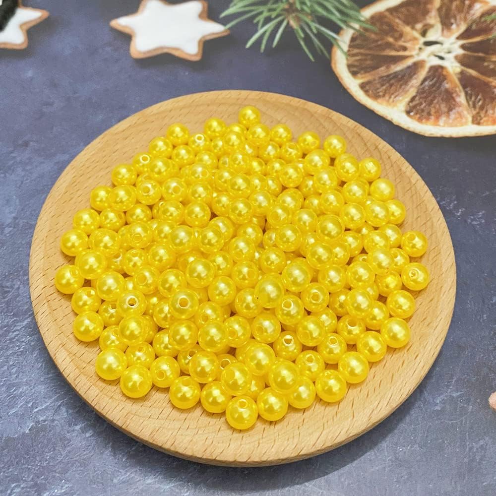 1000 Pcs Pearl Craft Beads - Loose Pearls, 6mm Round Spacer Beads for Earring, Bracelet, Necklace, Key Chains, Jewelry DIY Craft Making, Decoration and Vase Filler (6mm, Gold Yellow)