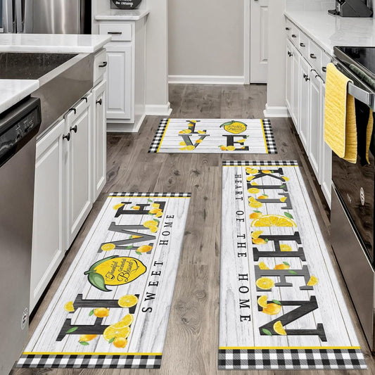 Lemon Kitchen Rugs Sets of 3 Piece, Plaid Rustic Watercolor Floor Mat Rug Runner Area Rug Carpet Washable, Farmhouse Yellow Lemon Kitchen Decor and Accessories Stuff