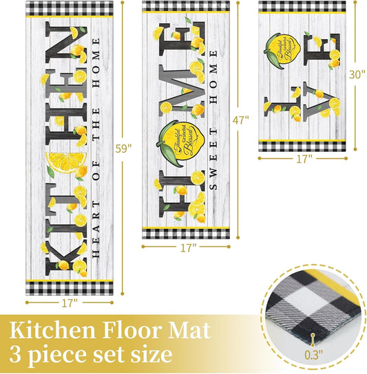 Lemon Kitchen Rugs Sets of 3 Piece, Plaid Rustic Watercolor Floor Mat Rug Runner Area Rug Carpet Washable, Farmhouse Yellow Lemon Kitchen Decor and Accessories Stuff