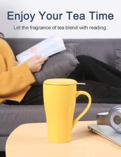 Tea Mug with Infuser and 2 Lids, 18oz Large Tea Infuser Cup, Tea Strainer Mug for Loose Leaf, Ceramic Travel Mug with Teabag Holder (Yellow)