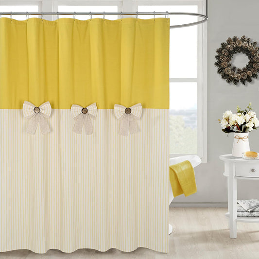 Farmhouse Yellow Shower Curtain,Bowknot,Cotton Blend Fabric,Pleated Yellow Stripe,Country Style,72x72 in