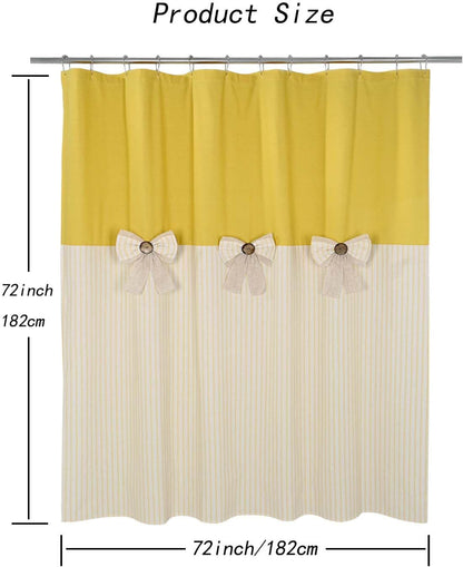 Farmhouse Yellow Shower Curtain,Bowknot,Cotton Blend Fabric,Pleated Yellow Stripe,Country Style,72x72 in
