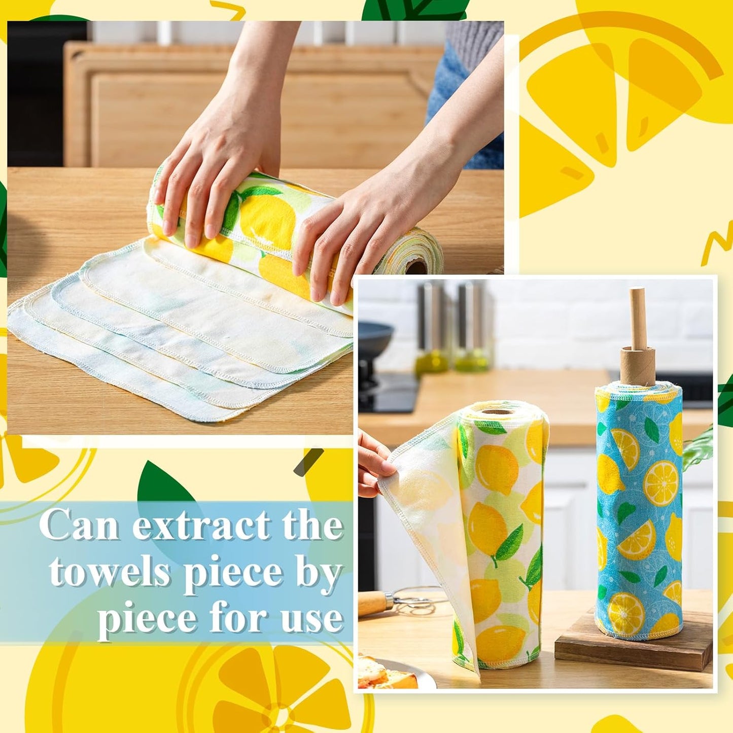 50 Pcs Reusable Paper Towels Paperless Reusable Cotton Cloths Toilet Absorbent Washable Paper Towels with Roll Kitchen Dishcloth for Kitchen Paperless Dishcloths(Lemon)