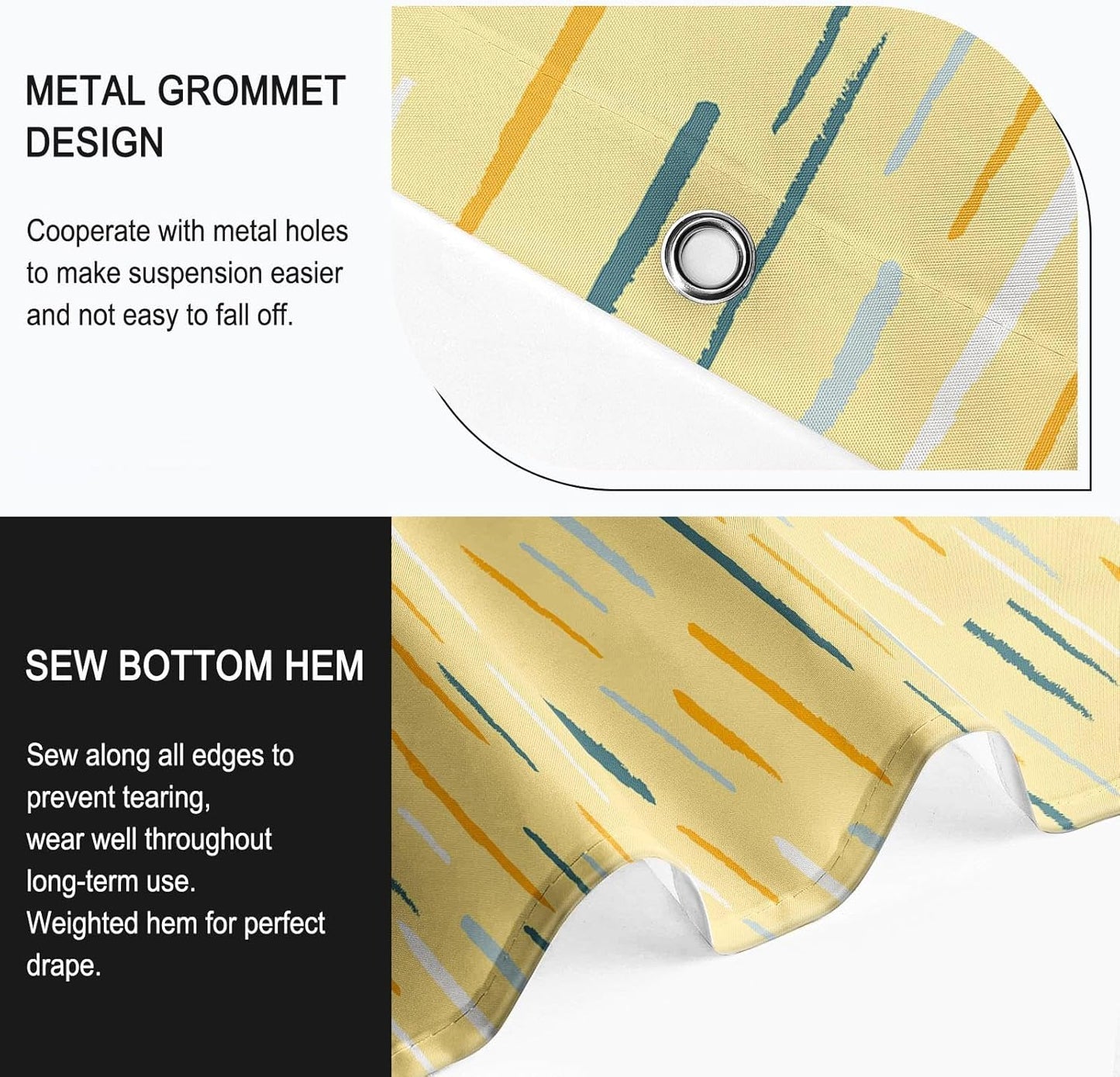 Colorful Modern Shower Curtain 72x72 Inch, Abstract Striped Bathroom Decor | Yellow Waterproof Polyester Fabric Curtain with Hooks