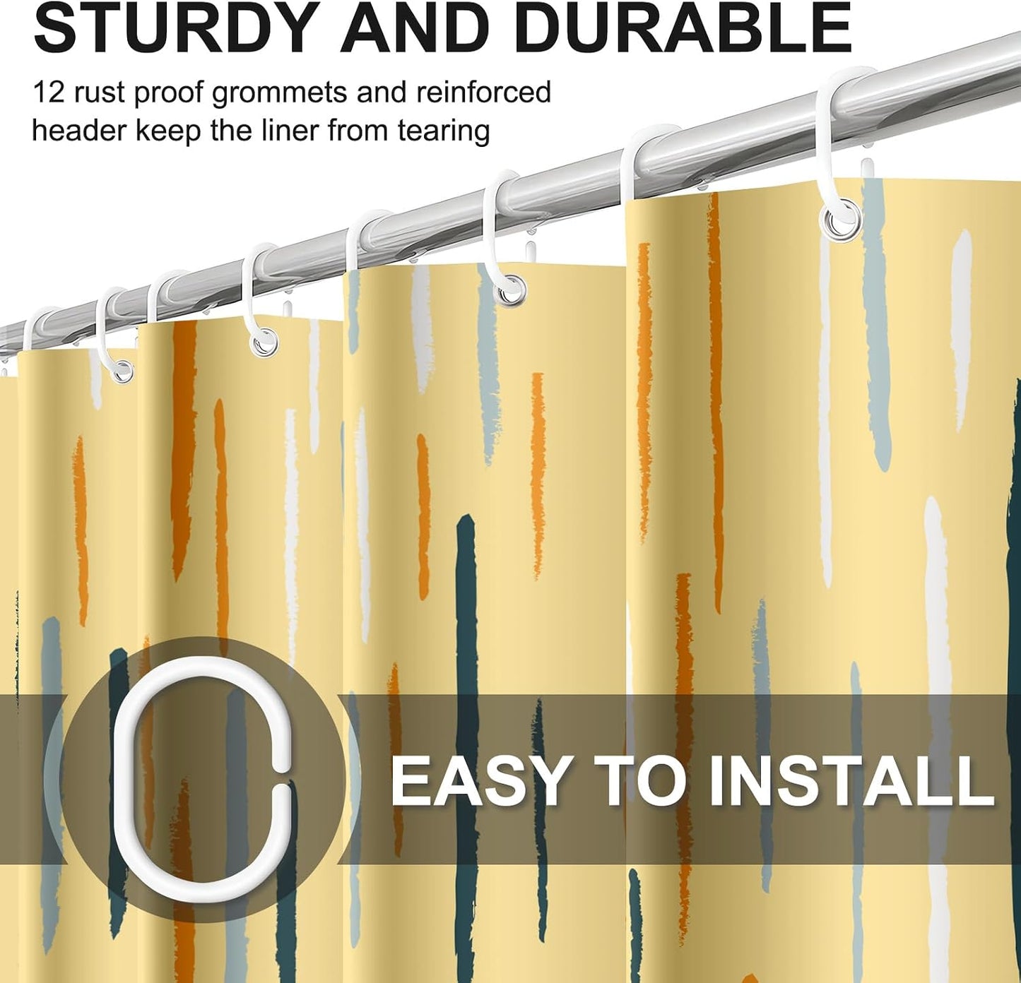 Colorful Modern Shower Curtain 72x72 Inch, Abstract Striped Bathroom Decor | Yellow Waterproof Polyester Fabric Curtain with Hooks