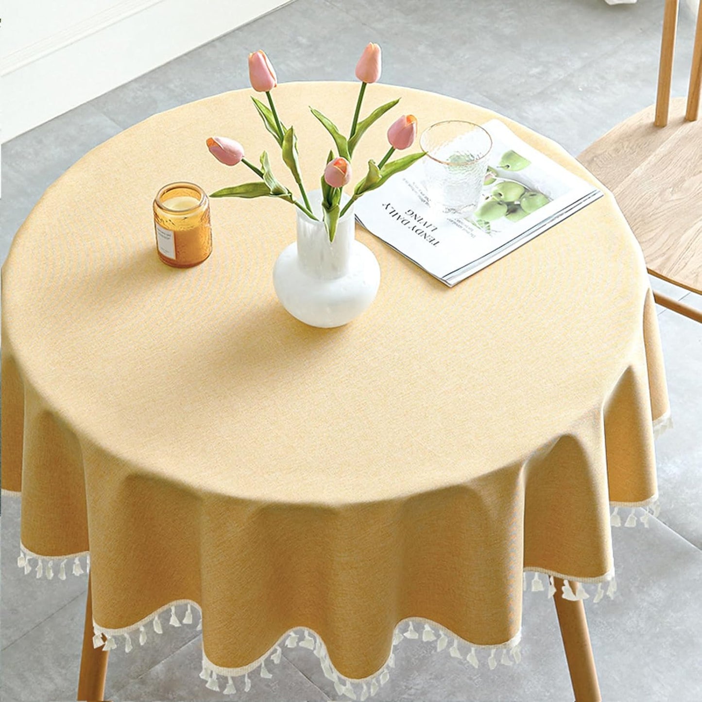 Round Textured Tablecloth Waterproof Cotton Linen Tassel Wrinkle Free Washable Decorative Fabric Table Cover for Kitchen Dining Table, Round-63, Yellow