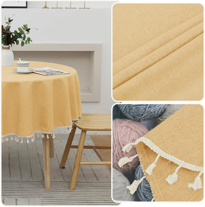Round Textured Tablecloth Waterproof Cotton Linen Tassel Wrinkle Free Washable Decorative Fabric Table Cover for Kitchen Dining Table, Round-63, Yellow