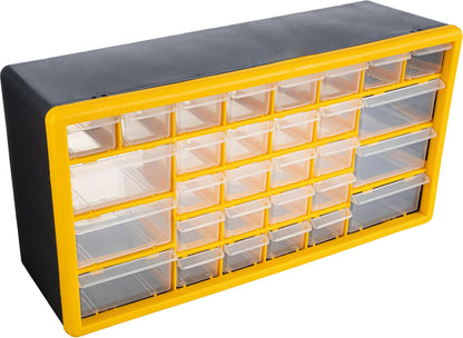 30-Drawer Plastic Small Parts Organizer - Desktop or Wall Storage Drawers for Organizing Hardware, Crafts, Garage, or Classroom (Yellow)