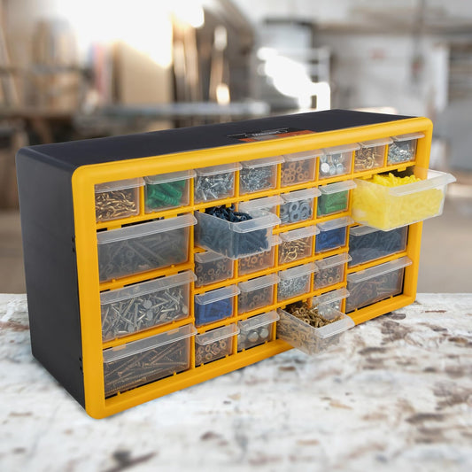 30-Drawer Plastic Small Parts Organizer - Desktop or Wall Storage Drawers for Organizing Hardware, Crafts, Garage, or Classroom (Yellow)