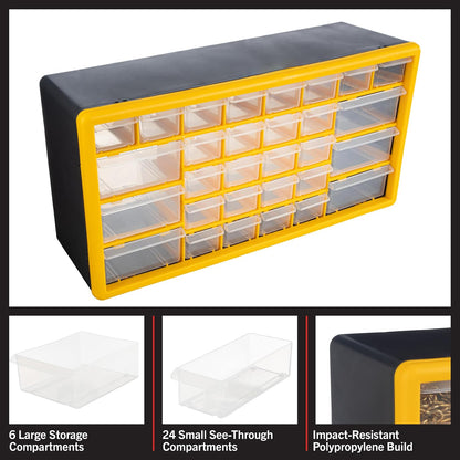 30-Drawer Plastic Small Parts Organizer - Desktop or Wall Storage Drawers for Organizing Hardware, Crafts, Garage, or Classroom (Yellow)
