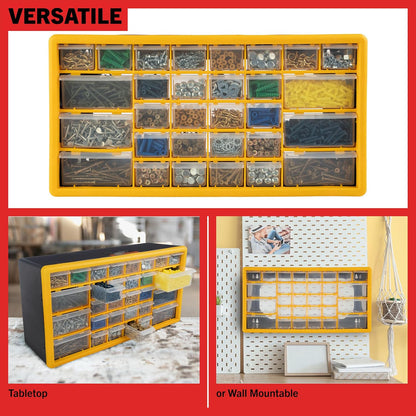 30-Drawer Plastic Small Parts Organizer - Desktop or Wall Storage Drawers for Organizing Hardware, Crafts, Garage, or Classroom (Yellow)