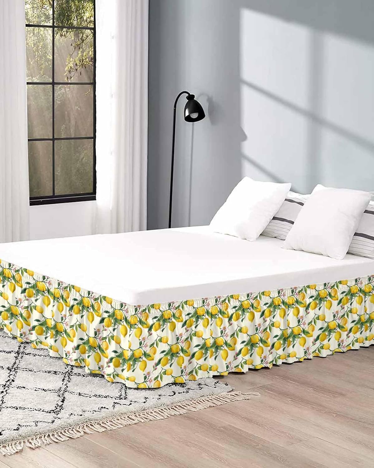Lemons Bed Skirt Queen Size 16 Inch Drop, Adjustable Elastic Wrap Around Bed Skirts Easy Fitting Dust Ruffle Bedskirt Bed Frame Cover Summer Botanical Yellow Fruit Leaves Flowers