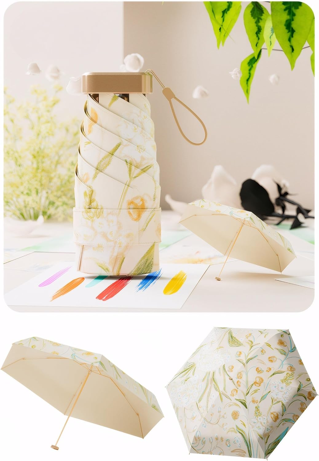 UPF50+ UV Protection Compact Lightweight Travel Umbrella Mini Portable Windproof Strong Waterproof Folding Sun Parasol Fashionable Flower Design for Women