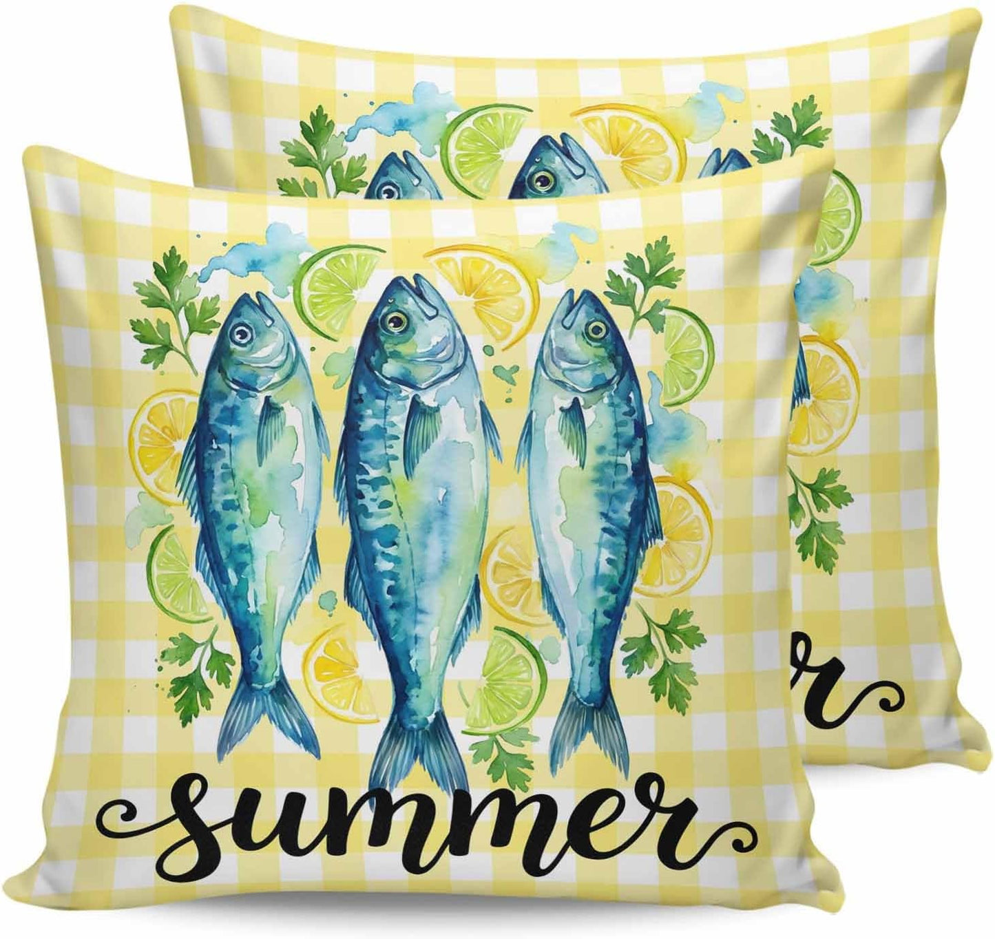 Summer Fish 2PCS Throw Pillow Covers for Couch Sofa Bed, Farmhouse Yellow Lemon Stripes Pillow Covers 18x18 inch, Standard Pillowcases Set Decorative Cushion Covers for Living Room Bedroom