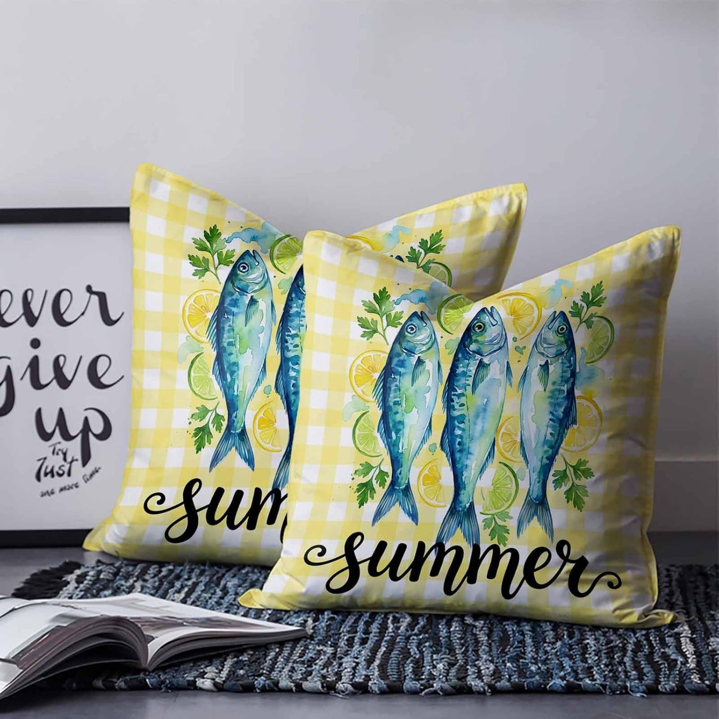 Summer Fish 2PCS Throw Pillow Covers for Couch Sofa Bed, Farmhouse Yellow Lemon Stripes Pillow Covers 18x18 inch, Standard Pillowcases Set Decorative Cushion Covers for Living Room Bedroom