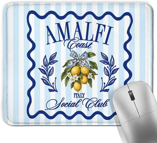 Italian Amalfi Coast Lemon Square Mouse Pad, Mediterranean Lemon Fruit Coastal Blue Striped Mousepad Mat for Home Office Computer Gaming Desk Accessories 9.5x7.9 in