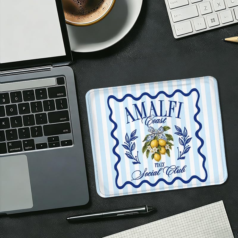 Italian Amalfi Coast Lemon Square Mouse Pad, Mediterranean Lemon Fruit Coastal Blue Striped Mousepad Mat for Home Office Computer Gaming Desk Accessories 9.5x7.9 in