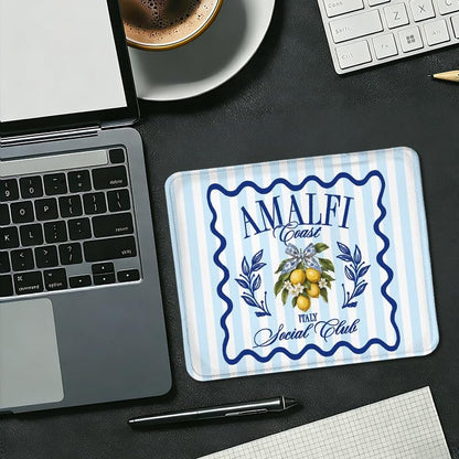 Italian Amalfi Coast Lemon Square Mouse Pad, Mediterranean Lemon Fruit Coastal Blue Striped Mousepad Mat for Home Office Computer Gaming Desk Accessories 9.5x7.9 in