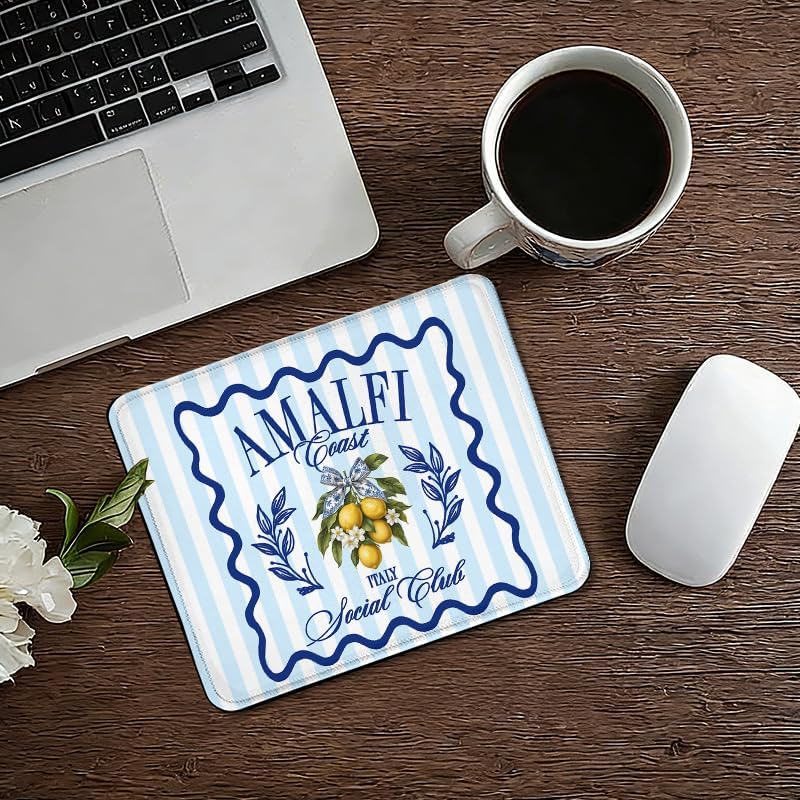 Italian Amalfi Coast Lemon Square Mouse Pad, Mediterranean Lemon Fruit Coastal Blue Striped Mousepad Mat for Home Office Computer Gaming Desk Accessories 9.5x7.9 in