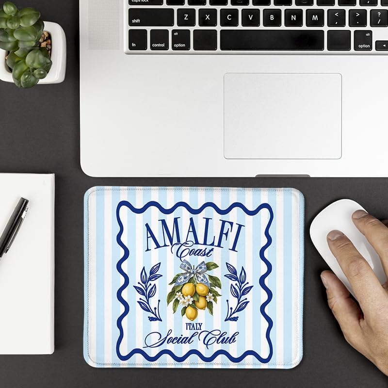 Italian Amalfi Coast Lemon Square Mouse Pad, Mediterranean Lemon Fruit Coastal Blue Striped Mousepad Mat for Home Office Computer Gaming Desk Accessories 9.5x7.9 in