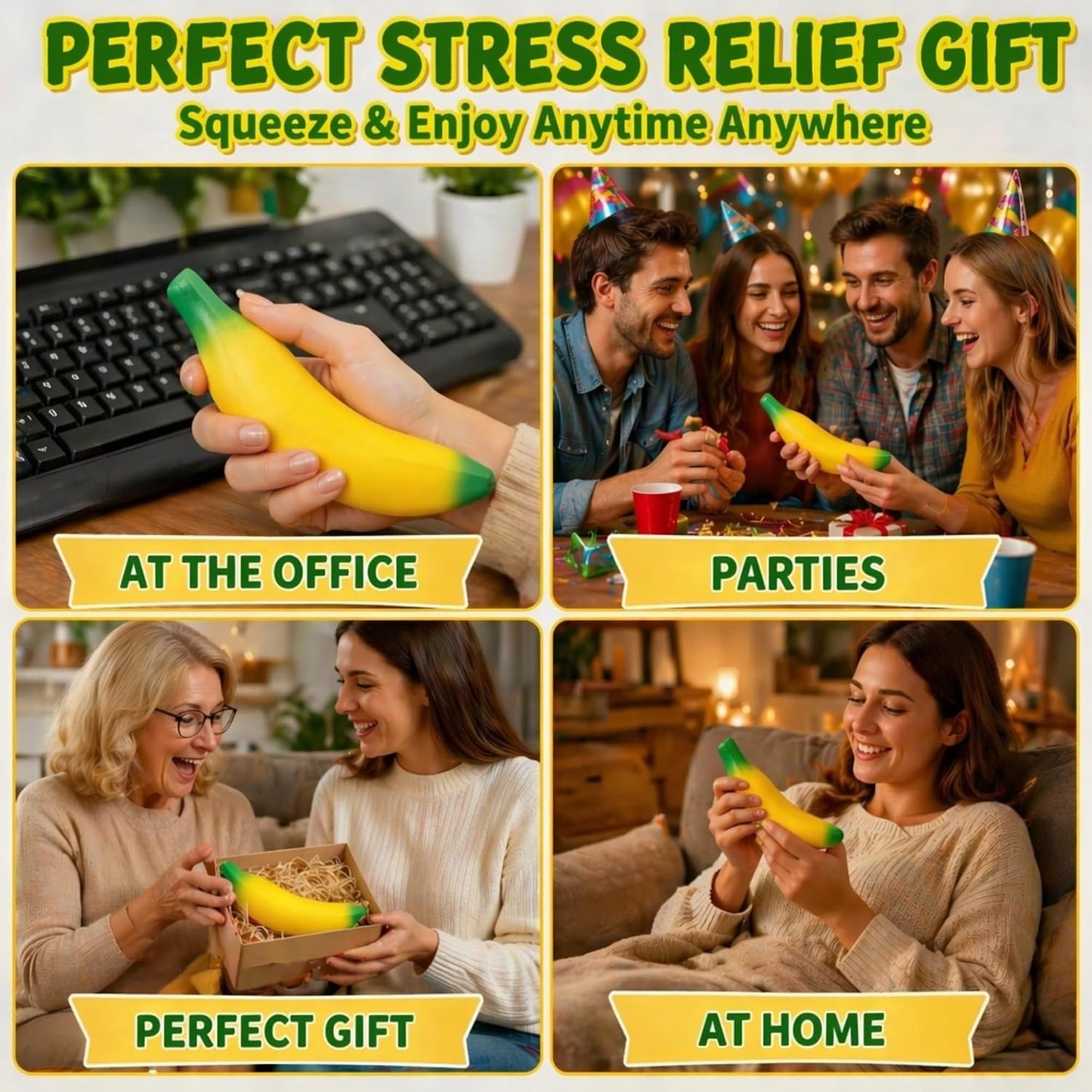 Banana Squishy Fidget Toys for Adults Teens Coworker, Squishy Banana Stress Toy for Stress Relief Anxiety Relief Party Favor Office Home, Realistic Fruit Squishies Stretchy Sensory Toys Novelty Gifts