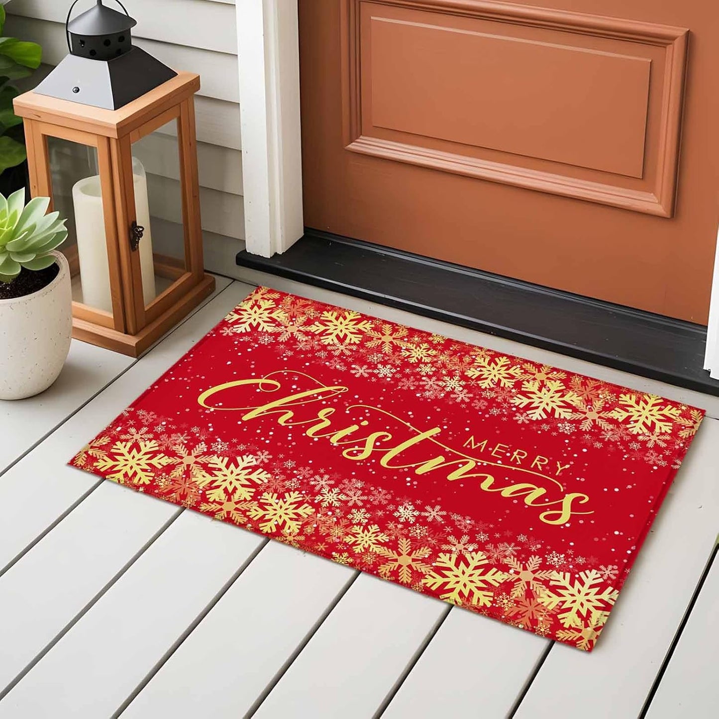 Merry Christmas 2x3 Area Rugs for Living Room, Winter Snowflakes Retro Yellow Red Non Slip Floor Mat Washable Low-Profile Indoor Carpet for Bedroom, Dining Room, Bathroom