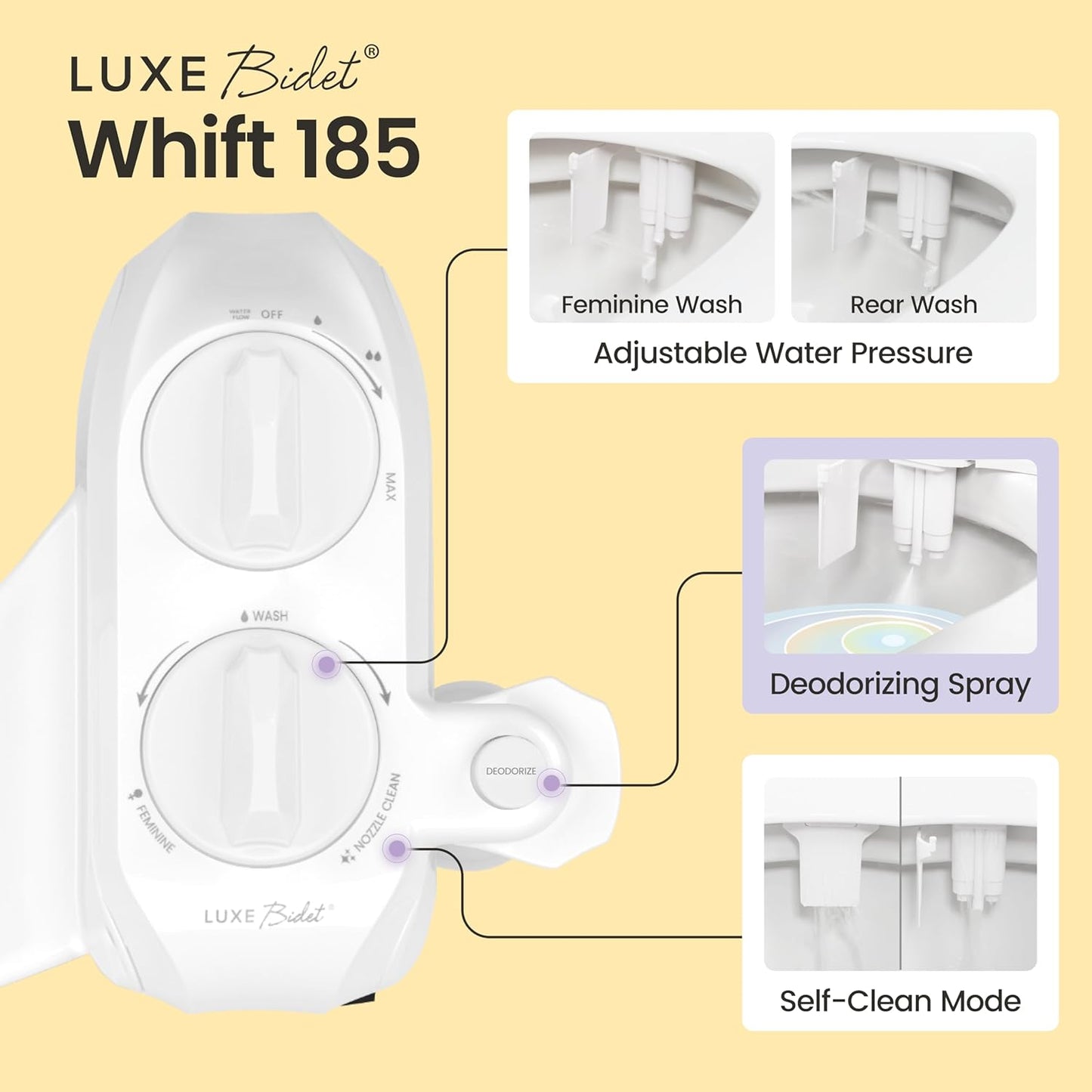 Whift 185 Bidet With Built-In Deodorizing Spray, Non-Electric Cold Water Bidet Attachment For Toilet Seat, Lemon Spray Included, Easy Slide-In Install, Rear & Feminine Wash (White)