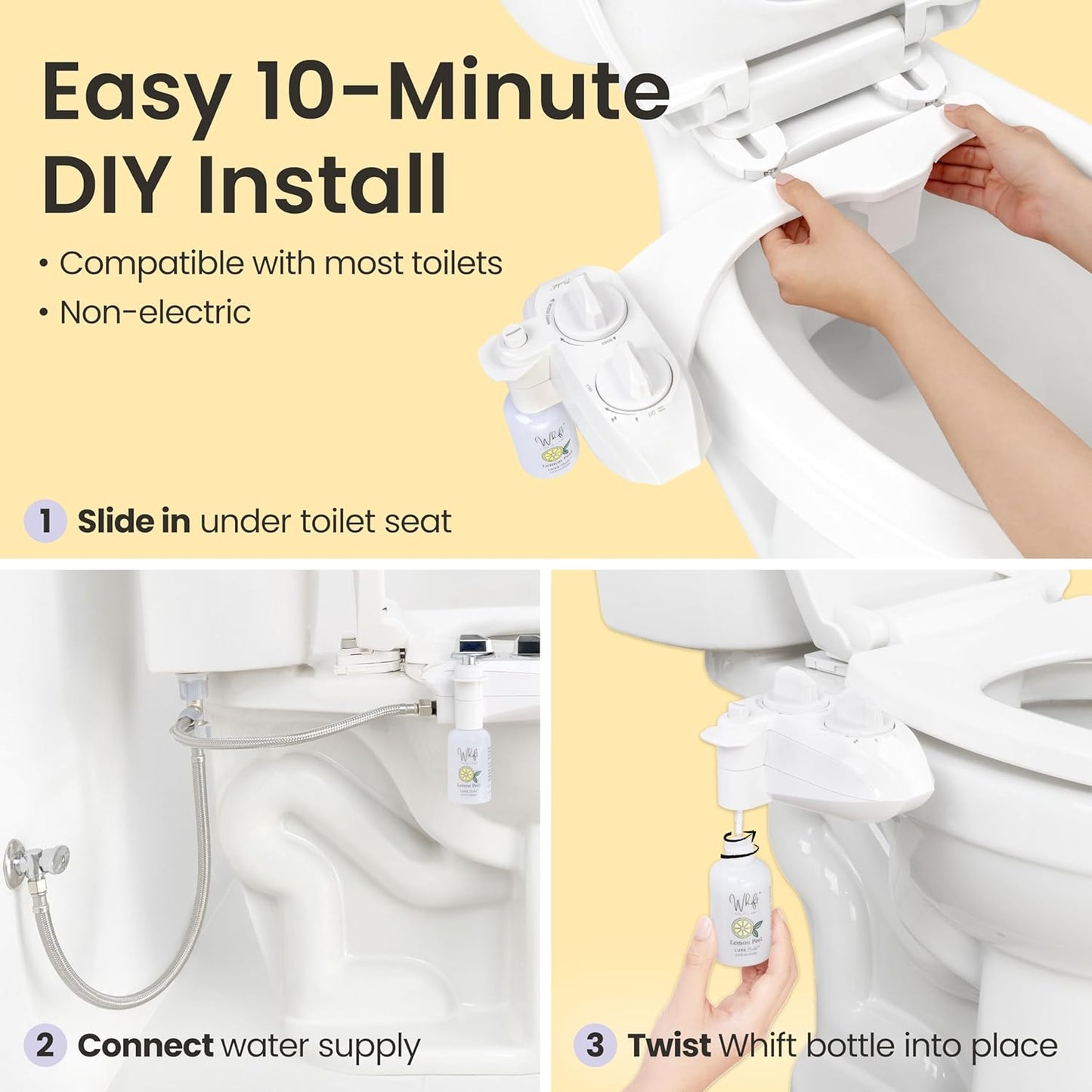Whift 185 Bidet With Built-In Deodorizing Spray, Non-Electric Cold Water Bidet Attachment For Toilet Seat, Lemon Spray Included, Easy Slide-In Install, Rear & Feminine Wash (White)
