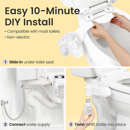 Whift 185 Bidet With Built-In Deodorizing Spray, Non-Electric Cold Water Bidet Attachment For Toilet Seat, Lemon Spray Included, Easy Slide-In Install, Rear & Feminine Wash (White)