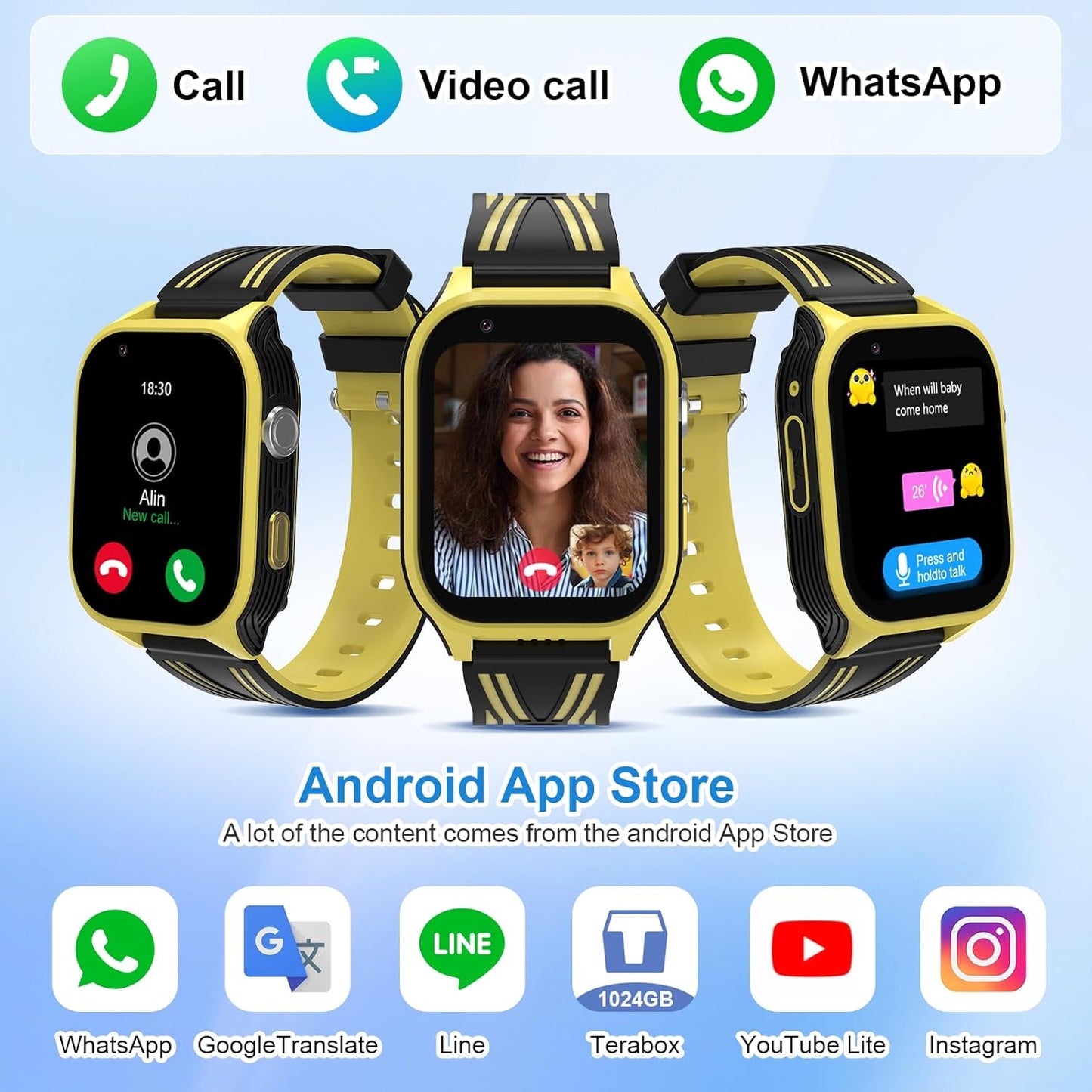 4G Kids Smart Watch with GPS Tracker, Video Call & SOS, Waterproof Smartwatch Phone with SIM Card Slot, Whatsapp, Voice Chat & Camera, Birthday Gift for Boys and Girls Age 4-12, Yellow