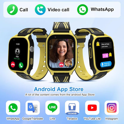 4G Kids Smart Watch with GPS Tracker, Video Call & SOS, Waterproof Smartwatch Phone with SIM Card Slot, Whatsapp, Voice Chat & Camera, Birthday Gift for Boys and Girls Age 4-12, Yellow