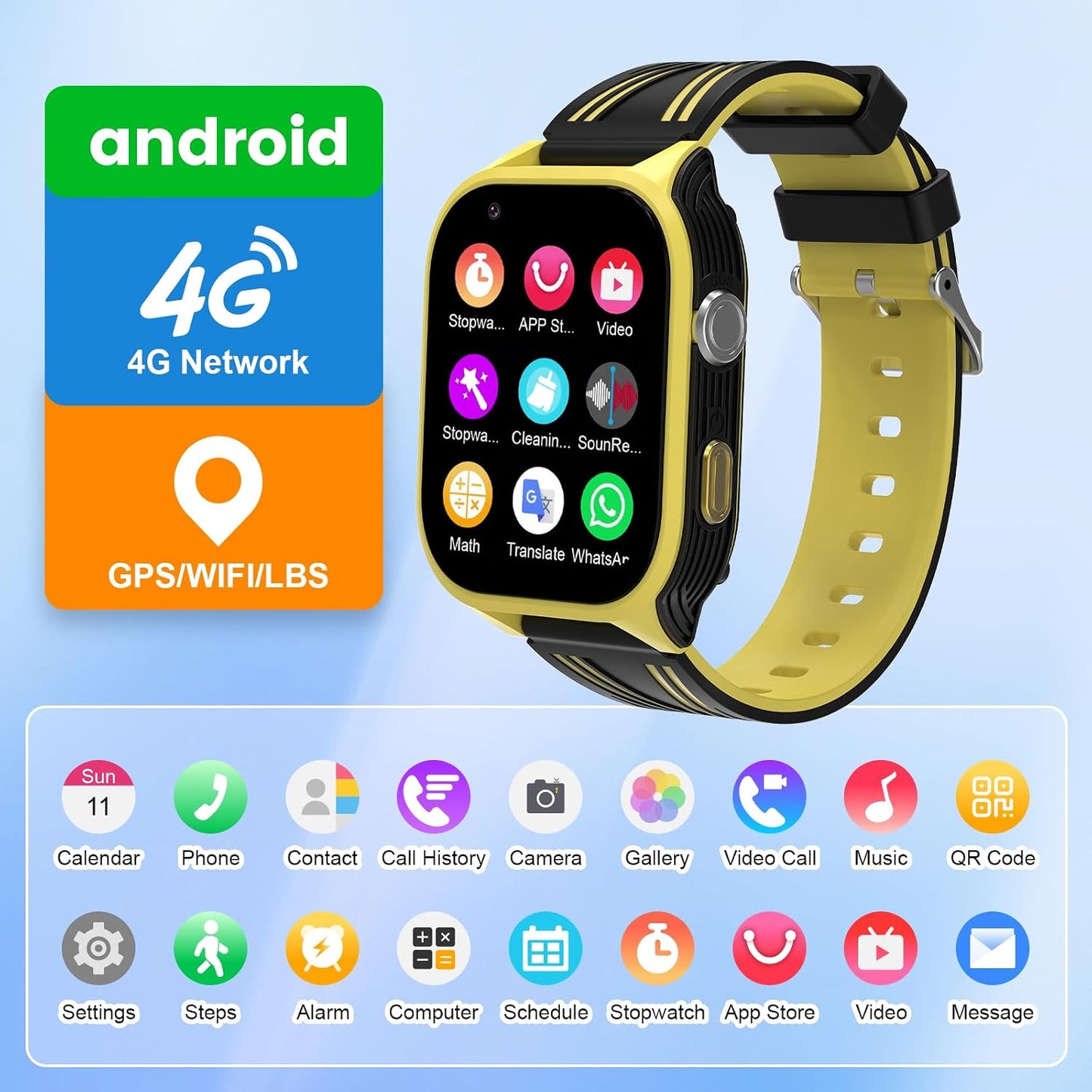 4G Kids Smart Watch with GPS Tracker, Video Call & SOS, Waterproof Smartwatch Phone with SIM Card Slot, Whatsapp, Voice Chat & Camera, Birthday Gift for Boys and Girls Age 4-12, Yellow