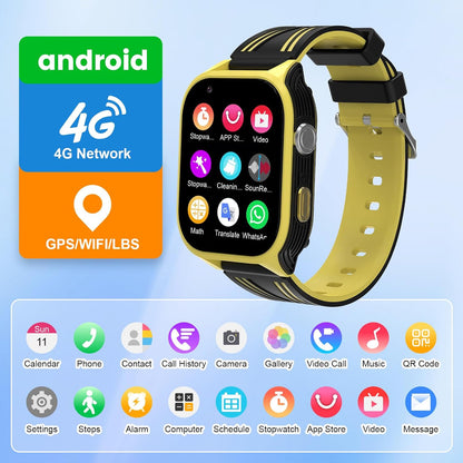 4G Kids Smart Watch with GPS Tracker, Video Call & SOS, Waterproof Smartwatch Phone with SIM Card Slot, Whatsapp, Voice Chat & Camera, Birthday Gift for Boys and Girls Age 4-12, Yellow