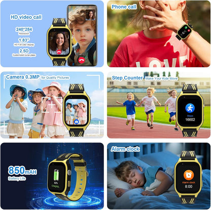 4G Kids Smart Watch with GPS Tracker, Video Call & SOS, Waterproof Smartwatch Phone with SIM Card Slot, Whatsapp, Voice Chat & Camera, Birthday Gift for Boys and Girls Age 4-12, Yellow