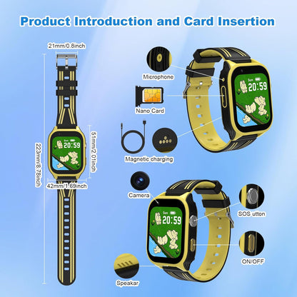 4G Kids Smart Watch with GPS Tracker, Video Call & SOS, Waterproof Smartwatch Phone with SIM Card Slot, Whatsapp, Voice Chat & Camera, Birthday Gift for Boys and Girls Age 4-12, Yellow