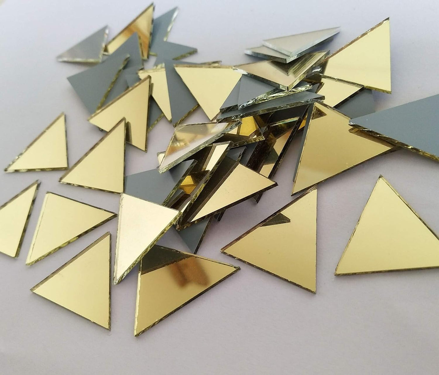 Set of 100pcs 1" Triangle Real Glass Mirror Mosaic Tile, Triangular Real Glass Mirror DIY Crafts Accessory (Yellow Gold)