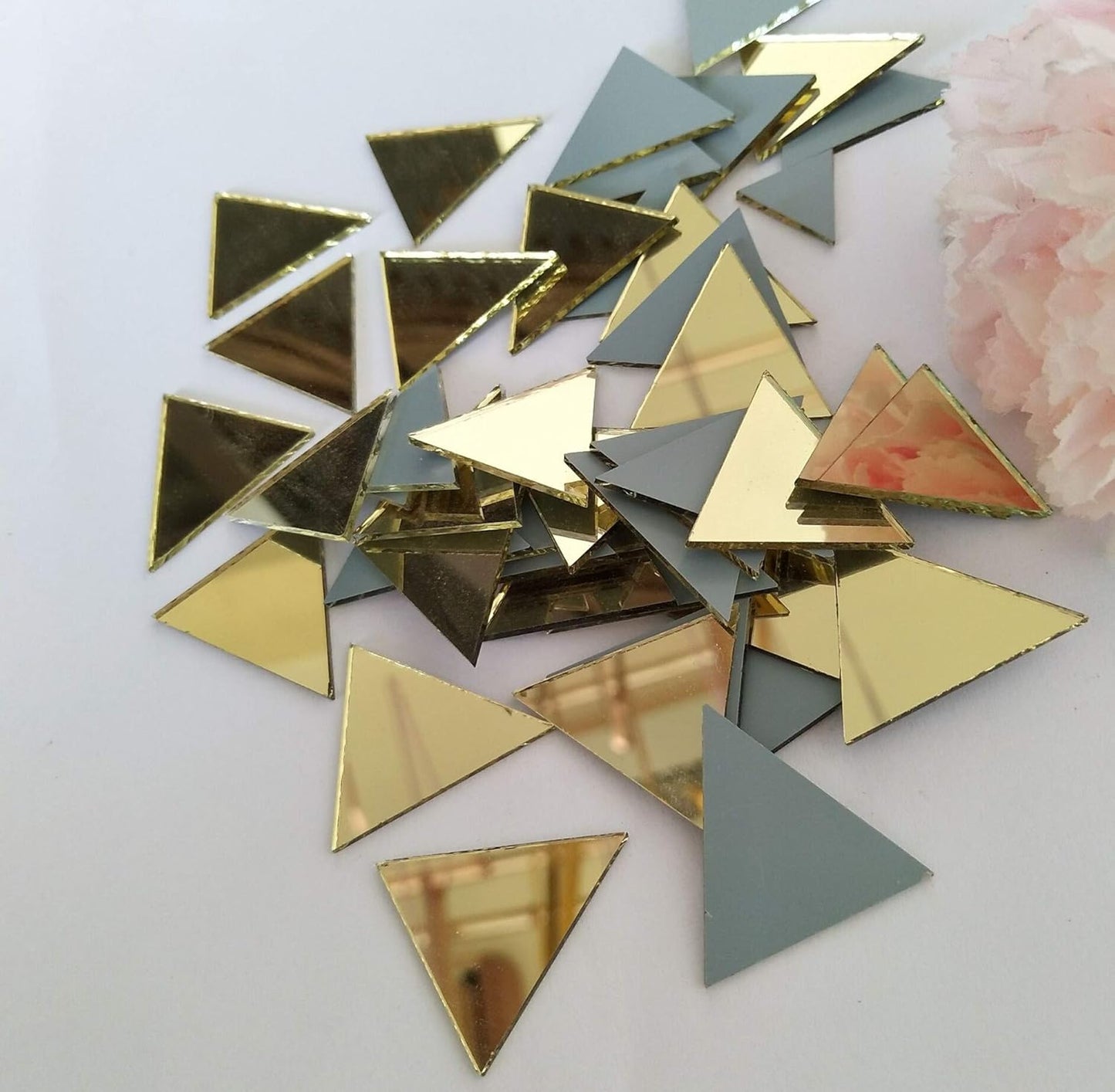 Set of 100pcs 1" Triangle Real Glass Mirror Mosaic Tile, Triangular Real Glass Mirror DIY Crafts Accessory (Yellow Gold)