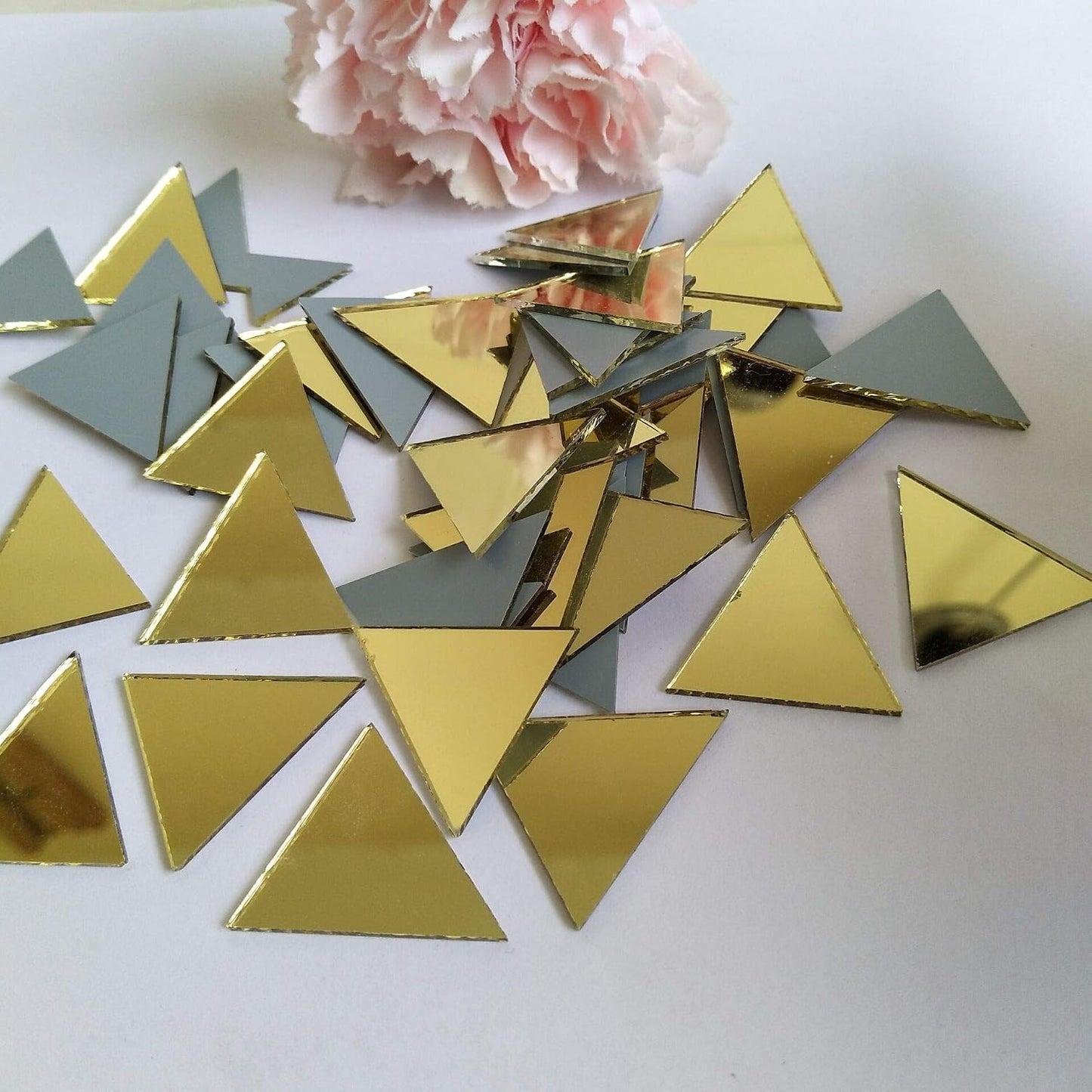 Set of 100pcs 1" Triangle Real Glass Mirror Mosaic Tile, Triangular Real Glass Mirror DIY Crafts Accessory (Yellow Gold)
