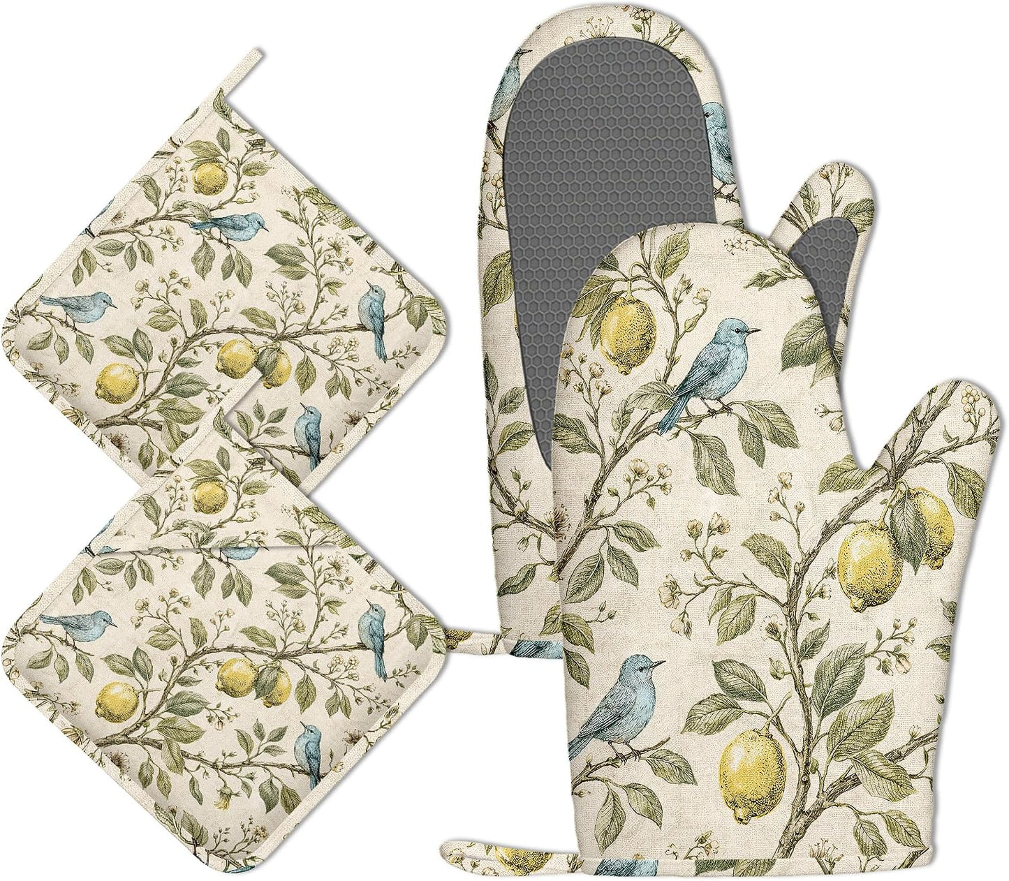 Vintage Blue Bird Oven Mitts and Pot Holders Sets Silicone Botanical Lemon Kitchen Mitts Potholders Heat Resistant 4Pcs Oven Gloves Hot Pads for Kitchen Baking Cooking