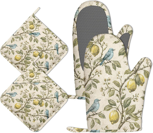 Vintage Blue Bird Oven Mitts and Pot Holders Sets Silicone Botanical Lemon Kitchen Mitts Potholders Heat Resistant 4Pcs Oven Gloves Hot Pads for Kitchen Baking Cooking