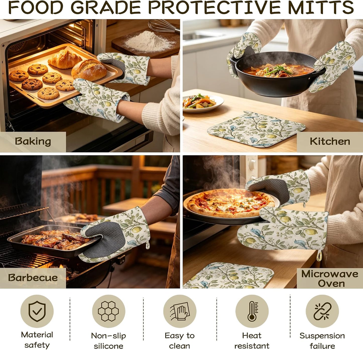 Vintage Blue Bird Oven Mitts and Pot Holders Sets Silicone Botanical Lemon Kitchen Mitts Potholders Heat Resistant 4Pcs Oven Gloves Hot Pads for Kitchen Baking Cooking
