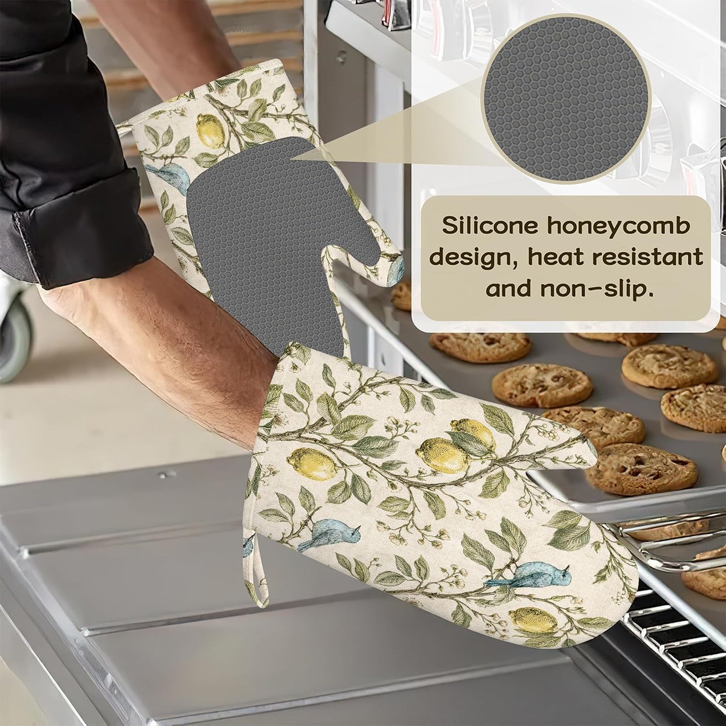 Vintage Blue Bird Oven Mitts and Pot Holders Sets Silicone Botanical Lemon Kitchen Mitts Potholders Heat Resistant 4Pcs Oven Gloves Hot Pads for Kitchen Baking Cooking