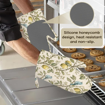 Vintage Blue Bird Oven Mitts and Pot Holders Sets Silicone Botanical Lemon Kitchen Mitts Potholders Heat Resistant 4Pcs Oven Gloves Hot Pads for Kitchen Baking Cooking