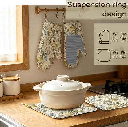 Vintage Blue Bird Oven Mitts and Pot Holders Sets Silicone Botanical Lemon Kitchen Mitts Potholders Heat Resistant 4Pcs Oven Gloves Hot Pads for Kitchen Baking Cooking